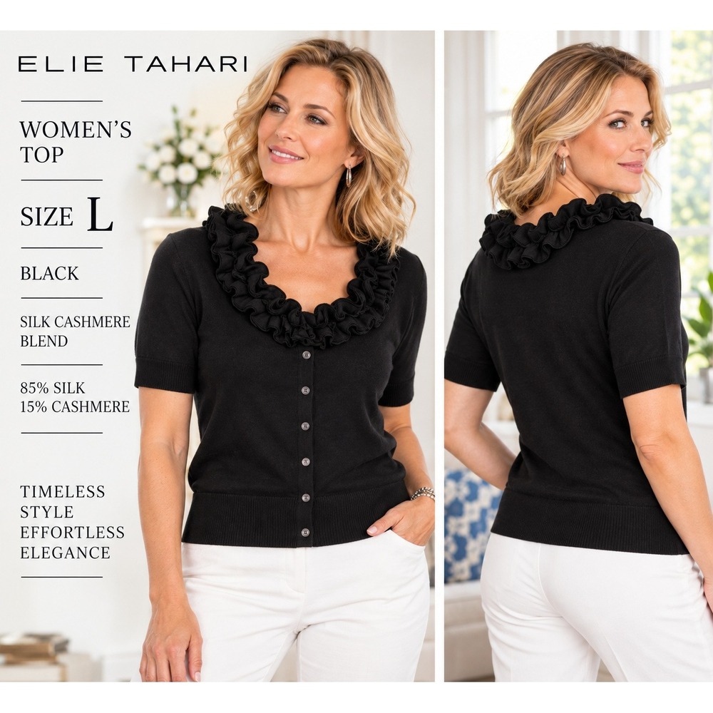 Elie Tahari Womens L Black Silk Cashmere Ruffle Neck Button Cardigan #1914